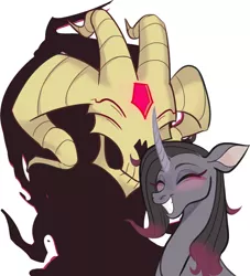 Size: 1280x1412 | Tagged: safe, artist:switchsugar, derpibooru import, fhtng th§ ¿nsp§kbl, oleander (tfh), demon, unicorn, them's fightin' herds, awwleander, blushing, community related, cute, duo, eyes closed, female, fredeander, grin, image, jpeg, male, shipping, simple background, smiling, straight, when he smiles, when she smiles, white background