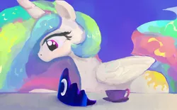 Size: 1954x1213 | Tagged: safe, artist:mandumustbasukanemen, derpibooru import, princess celestia, abstract background, atg 2021, cup, food, image, implied princess luna, jewelry, jpeg, missing accessory, newbie artist training grounds, solo, tea, teacup, tiara