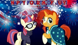 Size: 2064x1204 | Tagged: safe, anonymous artist, derpibooru import, moondancer, sunburst, pony, unicorn, 2021, 4th of july, clothes, egghead, female, fireworks, glasses, holiday, image, male, mare, one eye closed, png, robe, shipping, smiling, stallion, straight, sundancer, sweater, wink