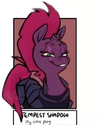 Size: 468x585 | Tagged: safe, alternate version, artist:bobbychurrioz, derpibooru import, tempest shadow, pony, unicorn, armor, bedroom eyes, broken horn, bust, eye scar, eyelashes, female, grin, horn, image, mare, png, scar, smiling