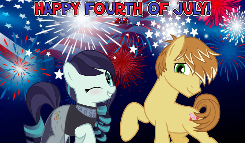Size: 2064x1204 | Tagged: safe, anonymous artist, derpibooru import, coloratura, feather bangs, earth pony, pony, 2021, 4th of july, american independence day, colorabangs, female, fireworks, holiday, image, male, mare, one eye closed, png, shipping, smiling, stallion, straight, wink