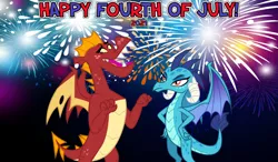 Size: 2064x1204 | Tagged: safe, anonymous artist, artist:drakizora, artist:melisareb, derpibooru import, garble, princess ember, 2021, 4th of july, accident, american independence day, crack shipping, dragon lord ember, embarrassed, ember is not amused, emble, female, fireworks, holiday, image, male, now you fucked up, oops, png, shipping, straight, this did not end well, unamused