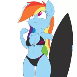 Size: 1080x1080 | Tagged: safe, artist:fajnyziomal, derpibooru import, rainbow dash, anthro, bikini, breasts, cleavage, clothes, commission, female, image, png, simple background, solo, surfboard, swimsuit, white background, your character here