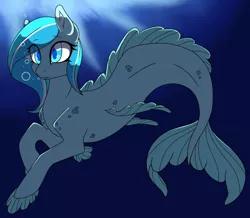 Size: 1280x1117 | Tagged: safe, artist:loxydragonvich109, derpibooru import, oc, unofficial characters only, merpony, seapony (g4), blue eyes, blue mane, bubble, crepuscular rays, dorsal fin, eyelashes, fins, fish tail, image, jpeg, ocean, open mouth, smiling, solo, sunlight, swimming, tail, underwater, water