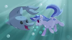 Size: 1920x1080 | Tagged: safe, artist:myatathecupcake, derpibooru import, sea swirl, seafoam, dolphin, pony, unicorn, bubble, crepuscular rays, female, fish tail, flowing mane, flowing tail, holding breath, horn, image, looking at each other, ocean, open mouth, png, puffy cheeks, purple eyes, smiling, solo, sunlight, swimming, tail, underwater, water