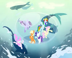 Size: 2000x1600 | Tagged: safe, artist:boardle, derpibooru import, applejack, fluttershy, pinkie pie, rainbow dash, rarity, twilight sparkle, twilight sparkle (alicorn), alicorn, earth pony, pegasus, pony, shark, unicorn, whale, blue eyes, bubble, contest entry, crepuscular rays, eyes closed, female, fish tail, flying, glowing horn, green eyes, horn, image, mane six, ocean, open mouth, png, purple eyes, smiling, spread wings, sunlight, tail, underwater, water, wings