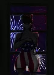 Size: 4861x6806 | Tagged: suggestive, artist:mixdaponies, derpibooru import, octavia melody, anthro, american flag, breasts, busty octavia, clothes, covering breasts, female, fireworks, flag, image, jpeg, socks, solo, solo female, thigh highs