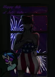 Size: 4861x6806 | Tagged: suggestive, artist:mixdaponies, derpibooru import, octavia melody, vinyl scratch, 4th of july, american flag, breasts, busty octavia, covering breasts, female, fireworks, flag, holiday, image, jpeg, lesbian, scratchtavia, shipping, thicc thighs