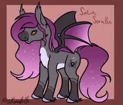 Size: 1750x1500 | Tagged: safe, artist:misskanabelle, derpibooru import, oc, oc:satin servillei, unofficial characters only, bat pony, pony, abstract background, bat pony oc, bat wings, ethereal mane, female, hoof fluff, image, mare, offspring, parent:oc:charmeuse culicivora, parent:oc:funnel web, parents:oc x oc, png, signature, solo, starry mane, wings