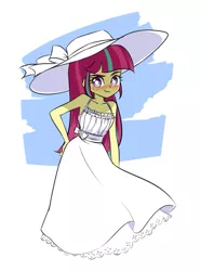 Size: 689x930 | Tagged: safe, artist:twilite-sparkleplz, derpibooru import, sour sweet, equestria girls, blushing, clothes, dress, hat, image, png, smiling, solo, sun hat, sundress