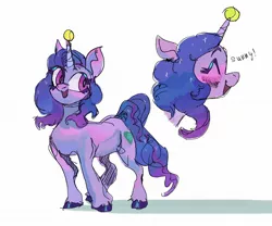 Size: 2048x1707 | Tagged: safe, artist:memaikora13, derpibooru import, izzy moonbow, pony, unicorn, ball, blushing, cute, dialogue, eyes closed, female, g5, high res, horn, horn guard, horn impalement, hornball, image, izzy's tennis ball, izzybetes, jpeg, mare, open mouth, simple background, solo, tennis ball, unshorn fetlocks, white background