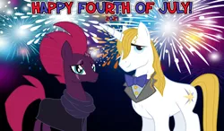 Size: 2064x1204 | Tagged: safe, anonymous artist, derpibooru import, prince blueblood, tempest shadow, unicorn, 2021, 4th of july, american independence day, berryblood, female, fireworks, friendship, friendshipping, holiday, image, male, png, shipping, shipping fuel, smiling, song reference, straight, when he smiles, when she smiles, youtube link in the description