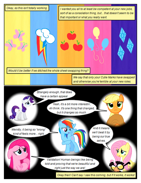 Size: 612x792 | Tagged: safe, artist:newbiespud, derpibooru import, edit, edited screencap, screencap, applejack, fluttershy, pinkie pie, rainbow dash, rarity, earth pony, pegasus, pony, unicorn, comic:friendship is dragons, magical mystery cure, applejack's hat, bust, comic, cowboy hat, dialogue, eyelashes, female, floppy ears, glasses, hat, hatless, horn, image, looking back, mare, missing accessory, pinkamena diane pie, png, raised hoof, sad, screencap comic, swapped cutie marks, what my cutie mark is telling me, wings