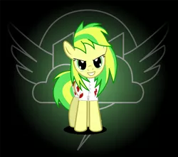 Size: 2604x2303 | Tagged: semi-grimdark, artist:lt-fleur, derpibooru import, oc, oc:wooden toaster, unofficial characters only, pegasus, pony, fanfic:rainbow factory, >:d, blood, dark circles, fanfic art, image, png, rainbow factory logo, solo