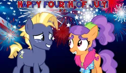 Size: 2063x1204 | Tagged: safe, anonymous artist, derpibooru import, plaid stripes, star tracker, earth pony, pony, 2021, 4th of july, american independence day, colt, female, filly, fireworks, holiday, image, looking at each other, male, png, shipping, smiling, smiling at each other, song reference, starstripes, straight, youtube link