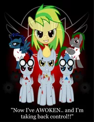 Size: 2148x2791 | Tagged: semi-grimdark, artist:lt-fleur, derpibooru import, oc, oc:awoken, oc:h8-seed, oc:mao, oc:wooden toaster, pegasus, pony, fanfic:rainbow factory, awoken, blood, fanfic art, female, gears, glasses, image, male, mare, png, rainbow factory logo, stallion, vector