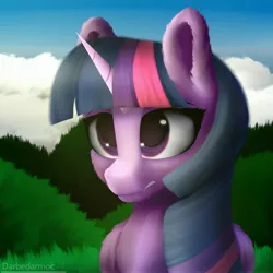 Size: 4096x4096 | Tagged: safe, artist:darbedarmoc, derpibooru import, twilight sparkle, twilight sparkle (alicorn), alicorn, pony, unicorn, chest fluff, cloud, disgusted, ear fluff, grass, image, jpeg, looking forward, solo, two toned mane