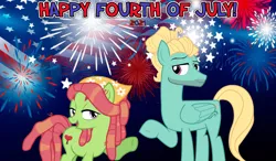 Size: 2064x1204 | Tagged: safe, anonymous artist, derpibooru import, tree hugger, zephyr breeze, earth pony, pegasus, 2021, 4th of july, american independence day, female, fireworks, hippie, hipster, holiday, image, looking at each other, male, png, shipping, straight, zephyrhugger