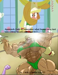 Size: 576x744 | Tagged: suggestive, artist:atariboy2600, artist:bluecarnationstudios, derpibooru import, edit, edited screencap, screencap, applejack, comic:the amazonian effect, comic:the amazonian effect iii, equestria girls, equestria girls (movie), abs, angry, applejacked, biceps, big breasts, bra, breasts, buff breasts, clothes, female, image, muscles, muscular female, overdeveloped muscles, png, red eyes, text, underwear