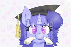 Size: 1500x1000 | Tagged: safe, artist:nedemai, derpibooru import, oc, unicorn, atg 2021, graduation, graduation cap, hat, horn, image, jpeg, newbie artist training grounds, solo, unicorn oc