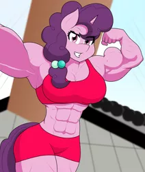 Size: 1685x1985 | Tagged: safe, alternate version, artist:matchstickman, derpibooru import, sugar belle, anthro, pony, unicorn, abs, armpits, biceps, breasts, busty sugar belle, clothes, dumbbell (object), female, flexing, flexing muscles, grin, gym, gym shorts, image, looking at you, mare, muscles, muscular female, pecs, png, selfie, smiling, solo, sugar barbell, thighs, thunder thighs