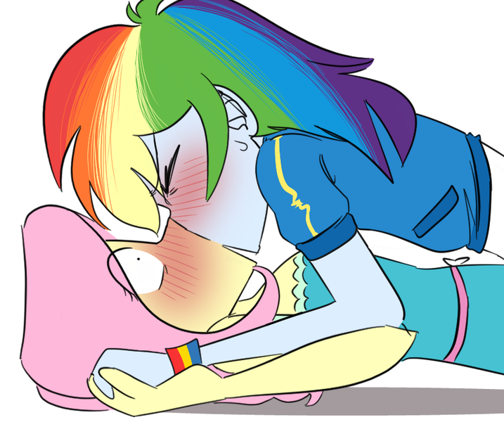 Size: 824x690 | Tagged: safe, artist:beefgummies, derpibooru import, fluttershy, rainbow dash, equestria girls, blushing, eyes closed, female, flutterdash, image, kissing, lesbian, png, shipping