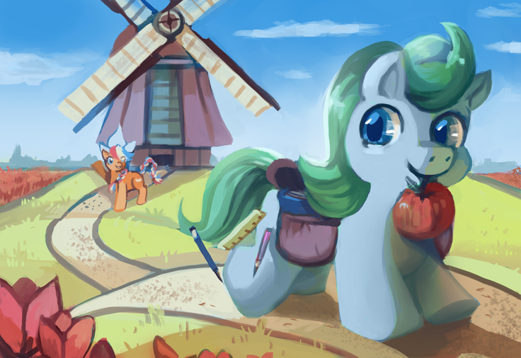 Size: 736x506 | Tagged: safe, derpibooru import, oc, oc:ember (hwcon), oc:glace (hwcon), dutch, image, png, windmill