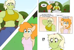 Size: 2940x1984 | Tagged: safe, artist:matchstickman, derpibooru import, granny smith, pear butter, anthro, earth pony, pony, comic:the other side, abs, armpits, biceps, breasts, busty granny smith, clothes, comic, deltoids, dialogue, duo, female, gloves, granny smash, image, jeans, mare, muscles, muscular female, pants, png, sleeveless, speech bubble, straw in mouth, sweet apple acres, teenager, young granny smith, younger