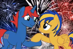 Size: 900x609 | Tagged: safe, artist:ry-bluepony1, derpibooru import, oc, oc:flare spark, oc:train track, pegasus, unicorn, 4th of july, background, base used, fireworks, holding hooves, holiday, image, jpeg, show accurate