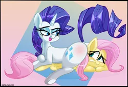 Size: 4000x2716 | Tagged: suggestive, artist:metalface069, derpibooru import, fluttershy, rarity, pegasus, pony, unicorn, ass, blushing, butt, commission, flutterseat, gritted teeth, image, looking at each other, png, rarity's personal seat fluttershy, sitting on, sitting on pony, tongue out, your character here