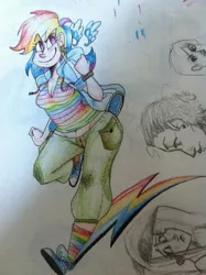 Size: 1936x2592 | Tagged: safe, artist:maria-tamayo, artist:mcnuggyy, derpibooru import, rainbow dash, human, clothes, colored pencil drawing, converse, ear piercing, earring, floating wings, humanized, image, jewelry, jpeg, piercing, shoes, smiling, traditional art, wings