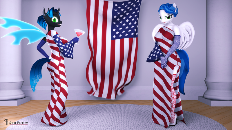 Size: 3840x2160 | Tagged: safe, artist:seriff-pilcrow, derpibooru import, oc, oc:lacuna, anthro, changeling, plantigrade anthro, 3d, 4th of july, american flag, carpet, clothes, disguise, disguised changeling, dress, flag, glass, gloves, gown, holiday, image, png, pumps, self ponidox, shoes, side slit, socks, source filmmaker, stockings, thigh highs