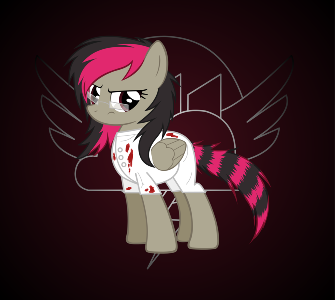 Size: 2588x2318 | Tagged: semi-grimdark, artist:lt-fleur, derpibooru import, oc, oc:mixipony, unofficial characters only, pegasus, pony, fanfic:rainbow factory, blood, fanfic art, glasses, image, png, raccoon tail, rainbow factory logo, solo