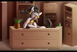 Size: 1800x1207 | Tagged: safe, artist:meowcephei, derpibooru import, oc, oc:crimsley, oc:crimsling, changeling, zebra, alchemy, beakers, black hooves, colored hooves, commission, countertop, disguise, disguised changeling, drawers, dreadlocks, dreads, ear piercing, earring, glasses, gold, hoof on chin, image, jewelry, knob, male, neck rings, piercing, png, ponytail, potions, potted plant, shelf, shop, stripes, text, unshorn fetlocks, vial, zebra oc