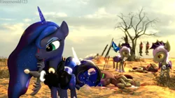 Size: 3840x2160 | Tagged: semi-grimdark, artist:fireemerald123, derpibooru import, princess luna, alicorn, bat pony, aftermath, armor, blood, dead, dead tree, desert, flag, image, jpeg, night guard, scar, sword, tree, war, weapon