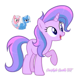 Size: 1780x1785 | Tagged: safe, artist:starflightsparkleyt, derpibooru import, clear sky, trixie, oc, oc:sunny sky, pony, unicorn, female, image, magical lesbian spawn, mare, offspring, parent:clear sky, parent:trixie, png, raised hoof, simple background, transparent background