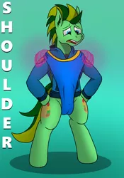 Size: 1400x2000 | Tagged: suggestive, artist:tacomytaco, derpibooru import, part of a set, oc, oc:taco.m.tacoson, unofficial characters only, bipedal, both cutie marks, briefs, clothes, crotch bulge, hoodie, image, male, png, shoulder wedgie, solo, solo male, taco demonstrates wedgies, underwear, wedgie, wedgie fetish