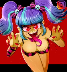 Size: 1080x1152 | Tagged: semi-grimdark, suggestive, artist:the-butch-x, derpibooru import, pixel pizazz, vampire, equestria girls, armpits, bra, breasts, busty pixel pizazz, cleavage, clothes, female, image, instagram, jpeg, looking at you, open mouth, sleeveless, solo, solo female, thighs, tongue out, underwear