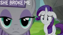 Size: 1280x720 | Tagged: safe, derpibooru import, edit, edited screencap, editor:quoterific, screencap, maud pie, rarity, earth pony, pony, unicorn, season 6, the gift of the maud pie, close-up, female, grin, image, jpeg, lip bite, mare, nervous, nervous grin, smiling