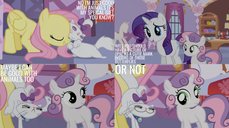 Size: 1280x720 | Tagged: safe, derpibooru import, edit, edited screencap, editor:quoterific, screencap, fluttershy, opalescence, rarity, sweetie belle, cat, pegasus, pony, unicorn, season 1, stare master, carousel boutique, cute, eyes closed, female, filly, image, mannequin, mare, opalbetes, open mouth, png, smiling