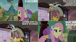 Size: 1280x720 | Tagged: safe, derpibooru import, edit, edited screencap, editor:quoterific, screencap, discord, fluttershy, draconequus, pegasus, pony, dungeons and discords, season 6, bag, discord being discord, eyes closed, female, fluttershy is not amused, image, jpeg, male, mare, open mouth, saddle bag, train station, unamused
