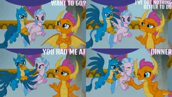 Size: 1280x720 | Tagged: safe, derpibooru import, edit, edited screencap, editor:quoterific, screencap, gallus, silverstream, smolder, dragon, gryphon, hippogriff, season 9, she's all yak, spoiler:s09, crossed arms, eyes closed, female, flying, image, jpeg, male, one eye closed, open mouth, spread wings, wings, wink