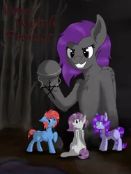 Size: 3024x4032 | Tagged: safe, artist:officiallunardj, derpibooru import, oc, oc:amplitude, oc:ebony rain, oc:fritzy, oc:smithy, bat pony, pegasus, pony, blair witch project, commission, evil grin, female, forest, forest background, grin, image, male, png, scared, smiling, tree