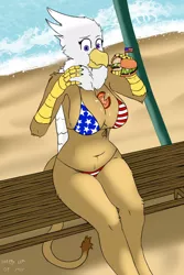 Size: 853x1280 | Tagged: suggestive, artist:uso15, derpibooru import, oc, oc:gloria, unofficial characters only, anthro, gryphon, 4th of july, american flag bikini, beach, beak, belly button, bench, between breasts, big breasts, bikini, breasts, burger, clothes, digital art, eating, female, flag bikini, food, griffon oc, holiday, image, jpeg, looking down, messy eating, ocean, sand, sitting, solo, solo female, swimsuit, thighs, tomato, wide hips, wings