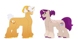 Size: 1280x640 | Tagged: safe, artist:itstechtock, derpibooru import, oc, oc:eggy toast, oc:maple mulberry, unofficial characters only, pony, unicorn, body freckles, curved horn, female, freckles, glasses, horn, image, jpeg, male, mare, simple background, stallion, white background