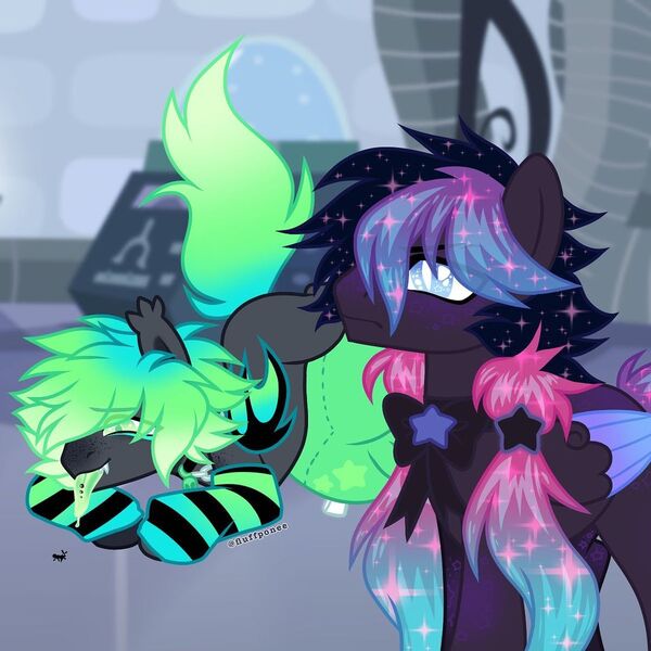 Size: 1080x1080 | Tagged: safe, artist:fluffponee, derpibooru import, oc, unofficial characters only, pegasus, pony, bow, clothes, duo, ethereal mane, face down ass up, hair bow, image, jpeg, male, pegasus oc, piercing, signature, smiling, socks, stallion, starry mane, striped socks, tongue out, tongue piercing, two toned wings, wings