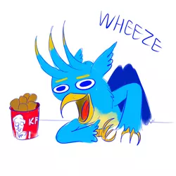 Size: 1280x1280 | Tagged: safe, artist:horsesplease, derpibooru import, gallus, bird, chicken, gryphon, bucket, chicken meat, colored, food, fried chicken, gallus the rooster, image, jpeg, kfc, laughing, meat, meme, stupid, wheeze