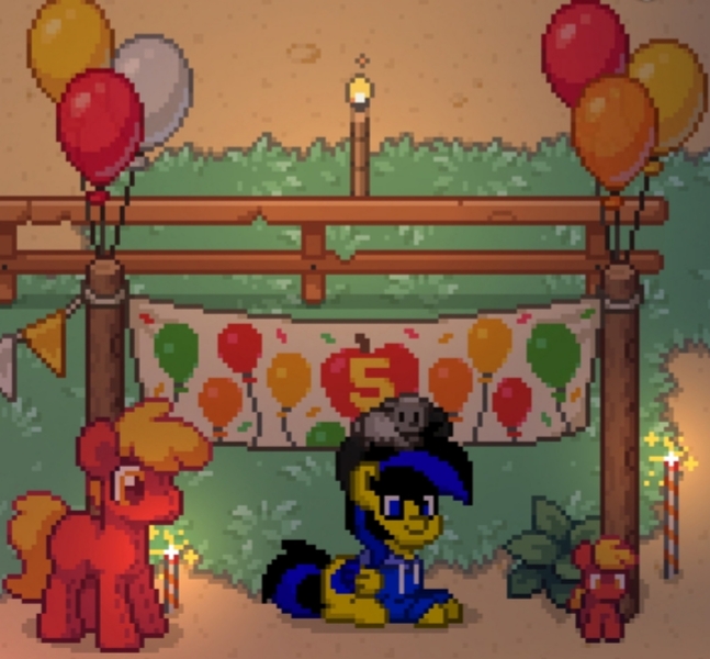 Size: 6120x5676 | Tagged: safe, artist:sebtheartist, derpibooru import, oc, oc:default pony, oc:ponyseb 2.0, unofficial characters only, pegasus, pony, sheep, pony town, absurd resolution, anniversary, balloon, banner, baseball cap, cap, clothes, fence, hat, hoodie, image, jpeg, lying down, male, pegasus oc, screenshots, stallion, wings