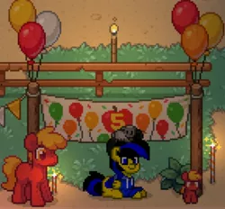 Size: 6120x5676 | Tagged: safe, artist:sebtheartist, derpibooru import, oc, oc:default pony, oc:ponyseb 2.0, unofficial characters only, pegasus, pony, sheep, pony town, absurd resolution, anniversary, balloon, banner, baseball cap, cap, clothes, fence, hat, hoodie, image, jpeg, lying down, male, pegasus oc, screenshots, stallion, wings