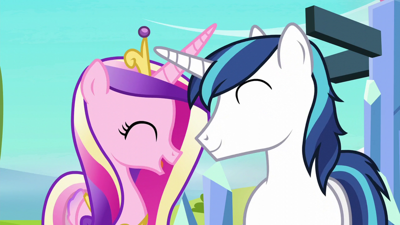 Size: 1280x720 | Tagged: safe, derpibooru import, screencap, princess cadance, shining armor, alicorn, pony, unicorn, season 6, the crystalling, ^^, crown, cute, cutedance, eyes closed, female, horn, horns are touching, image, jewelry, male, mare, open mouth, png, regalia, shining adorable, shiningcadance, shipping, smiling, stallion, straight